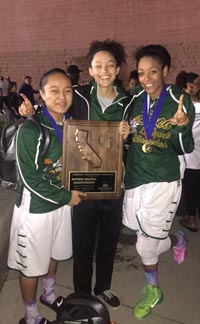 This trio of Ladycats from Brea Olinda show off hardware after win at Colony High in Ontario. Photo: Twitter.com.