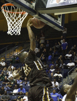 In perhaps the game-winning moment, De'Anthony Melton blocks shot for Crespi in closing seconds. Photo: Willie Eashman.