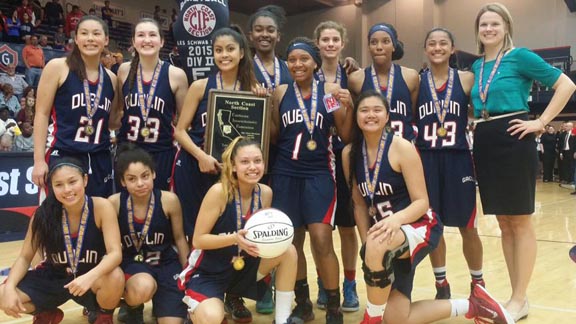 The Dublin High girls pose for championship photo after their big upset win on Saturday over Carondelet in CIF North Coast Section D2 final. Photo: Phillip Walton/SportStars.