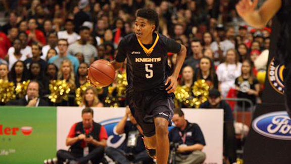 Ethan Thompson from Bishop Montgomery of Torrance eyes the floor during CIF Southern Section Open Division title game on Saturday. Photo: Patrick Takkinen/OCSidelines.com.