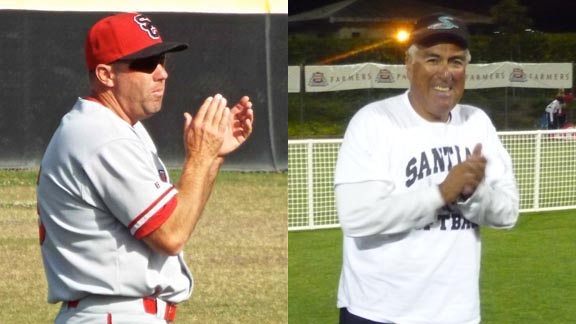 No matter what happens the rest of this week, baseball team at San Clemente led by coach Dave Gellatly (left) and softball team at Corona Santiago led by coach John Perez deserve applause. Photos: Martin Henderson/OCSidelines.com & Mark Tennis.
