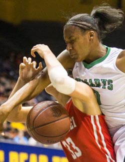 Mater Dei standout Katie Lou Samuelson gets hammered by Sydney Fadal of St. Mary's. Photo: Josh Barber/OCSidelines.com.