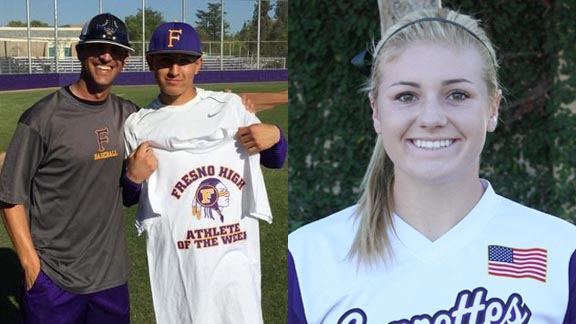 Two of this week's SoCal/NorCal Players of the Week are Katir Prieto of Fresno (shown with coach) and Gia Rodoni from Pacheco of Los Banos. Photos: @FresnoHighAthletics & Grapettes.com