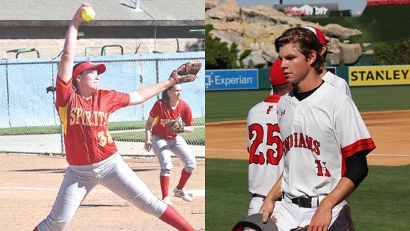 Two on this week's honor roll of noteworthy single-game outings in the state are from Taylor Roberts of Paraclete and Brent Bell of Fullerton. Can you tell where Bell pitched? Photos: Courtesy school & FUHSMedia/Blastathletics.com.