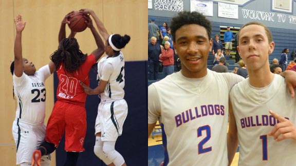 Ma'Ane Mosley of Berkeley St. Mary's (left) battles for rebound in team's loss to Sacred Heart Cathedral. Folsom junior guards Tre Finch and Jordan Ford, meanwhile, are happy after win over El Cerrito. Photos: Willie Eashman & Mark Tennis.