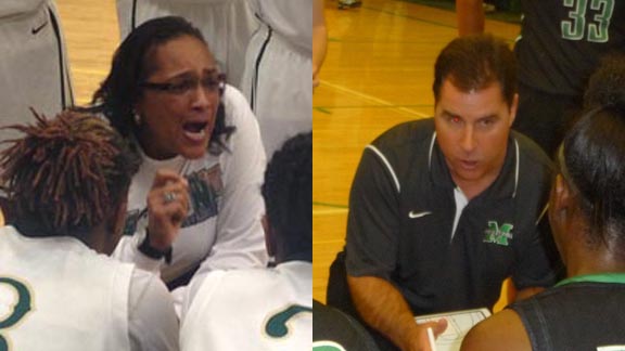 We're glad to see head coach Victoria Sanders (left) and team at Narbonne got put back into the L.A. City Section playoffs on Tuesday. Another top coach at work above is No. 6 Orinda Miramonte's Kelly Sopak. Photos: Paul Muyskens & Harold Abend.