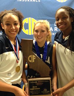 Seniors Cheyanne Wallace, Gabi Nevill and Kennedy Burke of Sierra Canyon pose with CIF D4 state title trophy. Photo: Harold Abend.