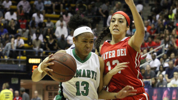 Sierra Smith's drives to the basket were a problem for Mater Dei and Bianca Velasco in team's loss to St. Mary's of Stockton in CIF Open Division state final. Photo: Willie Eashman.