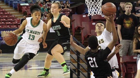 Big-time soph point guard Sierra Smith of No. 1 girls team Stockton St. Mary's drives against Miramonte in NorCal Open final while 6-foot-10 Gregg Polosky of No. 15 San Ramon Valley boys blocks a shot in NorCal D1 final vs. Woodcreek. Photos: Willie Eashman.