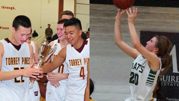 Torrey Pines players get a trophy at the Under Armour Invitational last December while Sabrina Ionescu of Orinda Miramonte gets up shot during CIF North Coast Section Division III championship. Photos: Anna Scipione & Phillip Walton/SportStars.