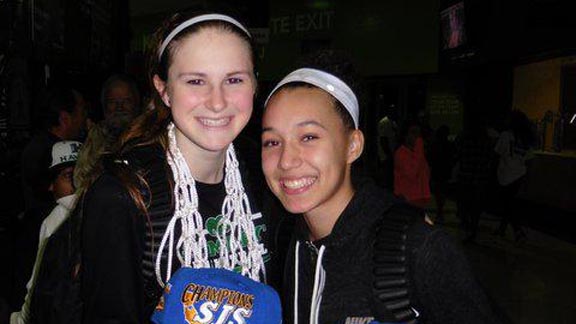 St. Mary's of Stockton junior Kat Tudor and sophomore Naje Murray are happy after team won section title and learned No. 1 Mater Dei had lost. Photo: @StMarysWBBall.