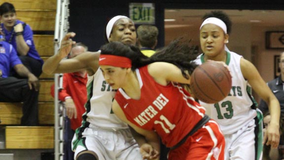 Mater Dei senior Andee Velasco operates against the tight defense of Stockton St. Mary's in CIF Open Division state final. Photo: Willie Eashman.