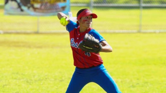 Ariana Belarde makes a play for Los Alamitos during game at Michelle Carew Classic. The Griffins returned to the State Top 20 this week. Photo: Patrick Takkinen/OCSidelines.com.