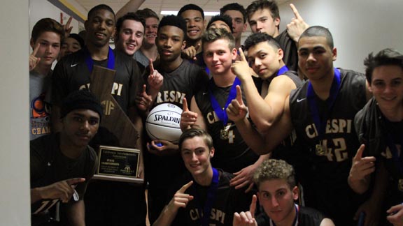 It's party time in the Haas Pavilion hallway for D4 state champ Crespi of Encino after win over Capital Christian of Sacramento. Photo: James Escarcega.