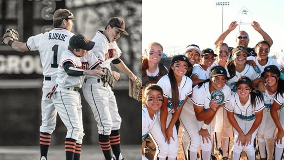 It's happy times (at least heading into this week) for the Huntington Beach baseball & Grand Terrace softball teams. Photos: hboilers.com & Facebook.com.
