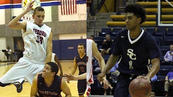 Sophomore Adrease Jackson (left) had big game when Tesoro upset Thousand Oaks in CIFSS playoffs. Remy Martin of Sierra Canyon had big games in the playoffs for his team, which was loaded with top young players. Photos: Mark Bausman/OCSidelines & Willie Eashman.