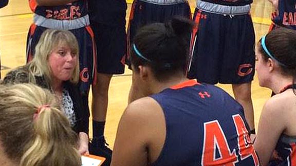 State Coach of the Year Kelli DiMuro talks to her players during season that was highlighted by CIFSS Open Division championship. Photo: ChaminadeNews.org.