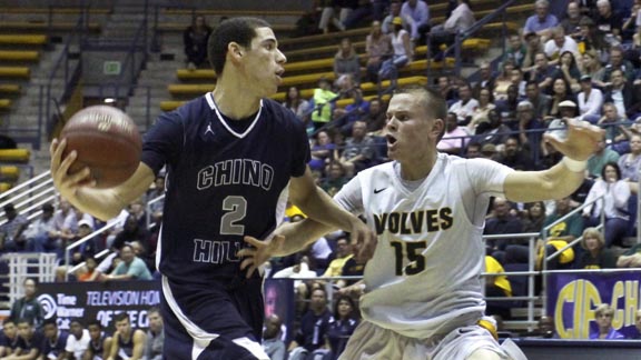 Lonzo Ball of Chino Hills gets ready to zip a pass during CIF Division I state championship game against San Ramon Valley of Danville. Photo: Willie Eashman.