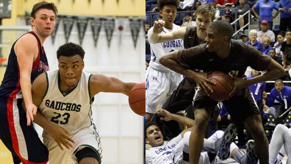 Physical guard Carlos Johnson of El Cerrito (left) makes move vs. Campolindo while De'Anthony Melton of Encino Crespi makes presence known in CIF D4 state final. Johnson played last year in Arizona. Photos: Everett Bass Photography & Willie Eashman.