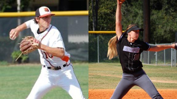 Top players from teams making huge moves in this week's state rankings are Matt Wilcox (left) of Los Gatos and Kourtney Shaw of Poway. Photos: lghsbaseball.com & calbears.com