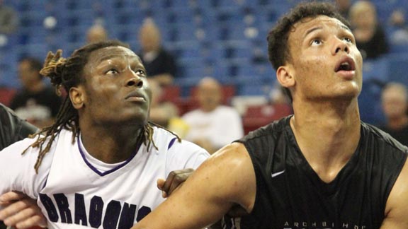 Solomon (Devin) Young (left) of Sacramento and Ben Kone of San Jose Archbishop Mitty are two of NorCal's best prospects in the class of 2016. The continued development of their ball-handling and face-up skills will ultimately decide at what level the duo will play in college. Photo: Willie Eashman.