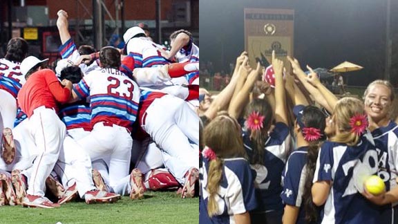 This year's Buchanan of Clovis baseball team (left) and last year's Pacifica of Garden Grove softball team celebrate winning section titles. Photos: Twitter.com & OCSidelines.com.