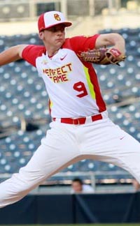 Rancho Bernardo's Drew Finley, pitching above last summer, had a big win earlier this week over Poway that drew dozens of MLB scouts. Photo: sdhoc.com.