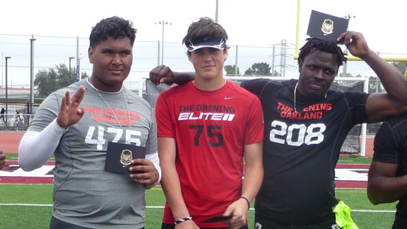 Mater Dei OL MVP Frank Martin (left) looks more like a Klingon but gives Vulcan greeting during photo shoot of The Opening invites on Sunday in San Leandro. He's shown with Jake Eason of Washington (center) and Gardena Serra's Oluwole Betiku. Photo: Mark Tennis.