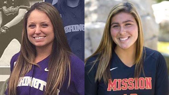 Tannon Snow of Chino Hills (left) has rocketed up slugging state record charts in several categories while Taylor McQuillin of Mission Viejo is closing in on 100 career pitching wins. Photos: @UWSoftball & FullCountSoftball.com.