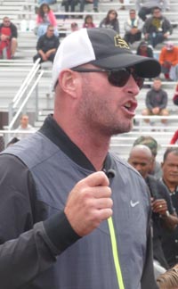 ESPN analyst and former NFL QB Trent Dilfer implores the campers to stay grounded during talk to them at camp's conclusion. Photo: Mark Tennis.