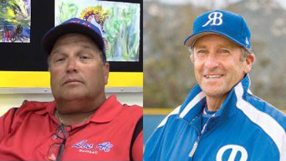Two former State Coaches of the Year with teams in this week's rankings are Rob Weil of Los Alamitos (softball) and Sam Blalock of San Diego Rancho Bernardo (baseball). Weil was a state coach of the year when he was at Pacifica of Garden Grove. Photos: YouTube.com & PomeradoNews.com.