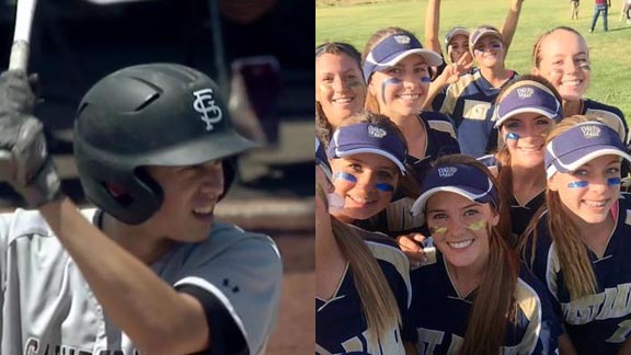 Jeremy Edens had a giant week for St. Francis of Mountain View with game-winning homer vs. Valley Christian, then was winning pitcher in Boras Classic final. The girls at right are from West Ranch of Valencia, which moved up four spots to No. 15 this week in softball. Photos: @sfhsathletics & Twitter.com.