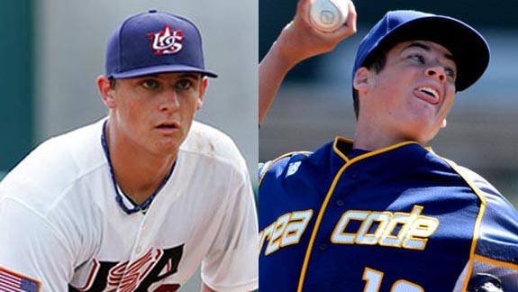 Two of the six finalists for Mr. Baseball State POY are Chris Betts (left) of Long Beach Wilson and Peter Lambert of San Dimas. Photos: USA Baseball & StudentSports.com.
