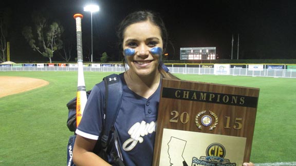Yucaipa pitcher Brooke Bolinger holds CIFSS Division II title plaque following team's triumph over Mission Viejo. Photo: Brentt Eads.