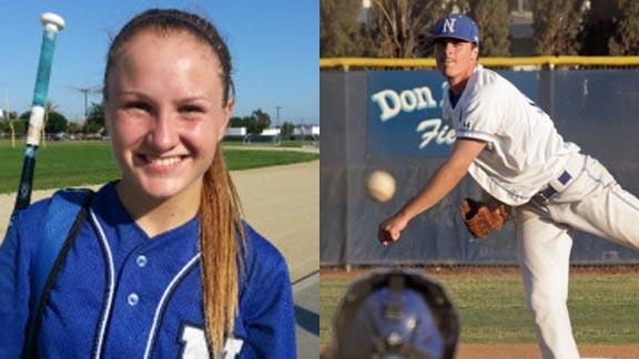 Norco's softball and baseball teams are both in the CIFSS D1 semifinals and both are No. 8 in the state this week. Sophomore Taylor Dockins (left) & senior Kyle Hatton are among team leaders. Photos: Cliff Robbins/OCSidelines.com & bigleaguefuturesplus.net.