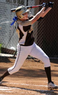 Hailey Hilburn of Anaheim Canyon connects for a home run in team's CIFSS D1 playoff win over Los Alamitos. Photo: Cliff Robbins/OCSidelines.com.