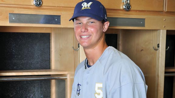 Joc Pederson of the Los Angeles Dodgers and from Palo Alto High is shown just before playing a game at the Area Code Games in Long Beach. Photo: Scott Kurtz/StudentSports.com.