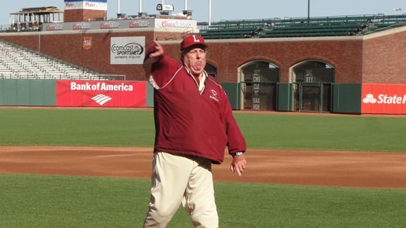 John Donohue, the Cal-Hi Sports State Coach of the Year for 2015, got to throw out one of the first pitches before this year's CIF San Francisco Section title game at AT&T Park, home of the world champion San Francisco Giants. Photo: cifsf.org. 