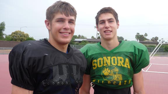 Two of the players for the North team in Saturday's Lions All-Star Football Game -- Hunter Johnson (left) of Manteca Sierra and Kahale Warring of Sonora -- both were recognized last week on the annual Cal-Hi Sports all-state grid-hoop teams. Photo: Mark Tennis.