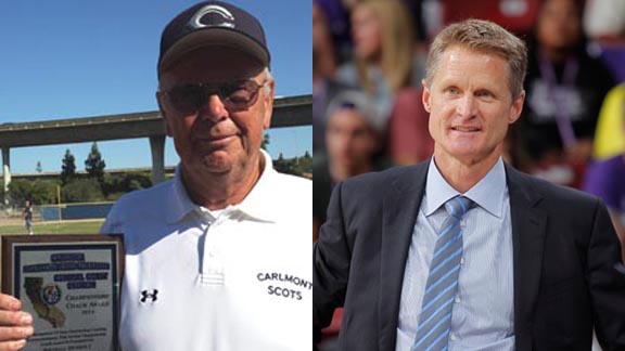Jim Liggett from Carlmont High in Belmont began coaching softball there right after the Golden State Warriors last won the NBA title 40 years ago. They won that title earlier this week under head coach and California native Steve Kerr. Photos: Harold Abend & nbacoaches.com.