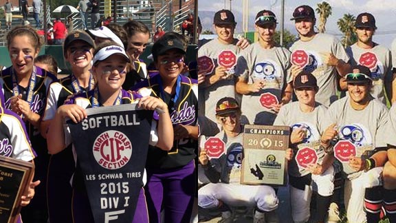 Two teams that won section titles last weekend were Amador Valley of Pleasanton in softball & Mission Viejo in baseball. Photos: Harold Abend & @BaseballMVHS.