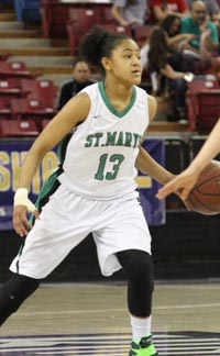 Sierra Smith of Stockton St. Mary's surveys the floor during 2015 CIF NorCal Open Division championship. Photo: Willie Eashman.