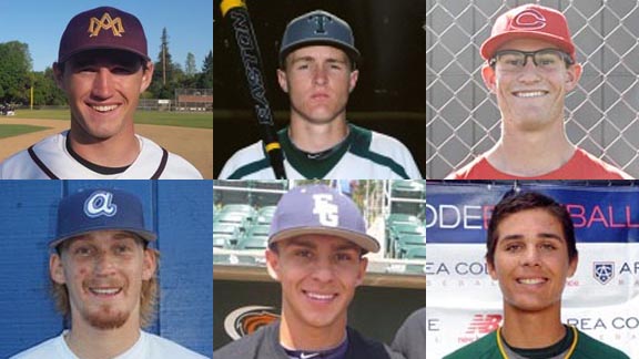 Six of this year's All-State first team elite players are  (top, l-r) Matthew McGarry, Tyler Nevin and Tristan Beck along with (bottom, l-r) Bryce Fehmel, Nick Madrigal and Justin Hooper. Photos: John Murphy/Prep2Prep, cbabaseball.org, coronapanthersbaseball.net, agourabaseball.net, Mark Tennis & StudentSports.com.