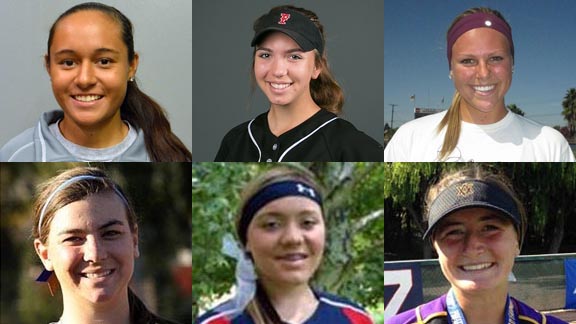 Among those chosen first team overall for the 33rd annual all-state teams for softball are (l-r, top) Falepolima Aviu, Jamie Wren and Amanda Lorenz along with (l-r, bottom) Caitlyn Brooks, Taylor Pack and Danielle Williams. Photos: FloSoftball.com, Miguel Pola, FloSoftball.com, FloSoftball.com, courtesy family & Harold Abend.