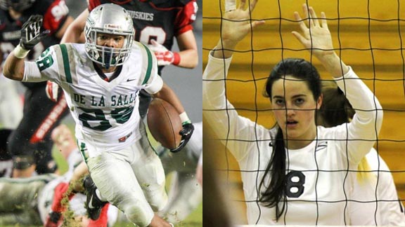 Junior Antoine Custer was the leading rusher for Concord De La Salle's football team while senior Alexa Dreyer was one of the top players for Archbishop Mitty of San Jose in girls volleyball. Photos: Josh Barber/OCSidelines.com & smdailyjournal.com.