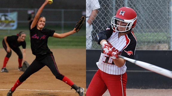 Two of the top players on this year's all-state overall second team are pitcher Katya Duvall of Los Alamitos and infielder Lindsay Rood from Monte Vista of Danville. Duvall, the Pitcher of the Year in the Sunset League, will play next at Ohio State. Rood, one of the top players the last two seasons in the East Bay Athletic League, is headed to Cal. Photos: Patrick Takkinen/OCSidelines.com & montevistasoftball.com. 