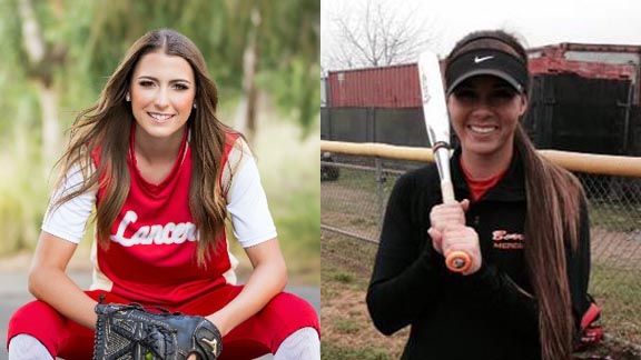 Two of those chosen first team All-State Underclass for their "mad" skills both as pitchers and hitters were Stanford commit Maddy Dwyer of Orange Lutheran (left) and UCLA commit Madilyn Nickles of Merced. Photos: Nadia Martinez/OCSidelines.com & Twitter.com.