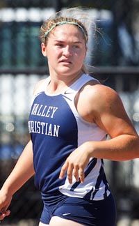 Valley Christian San Jose’s Elena Bruckner competes in the shot put at the CCS Track and Field Championships. Photo: Norbert von der Groeben/SportStars.