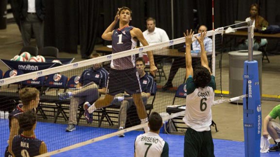 T.J. DeFalco rises well above the net to hammer down a kill during 2014 summer event for USA Youth National Team. Photo: daily49er.com/NORCECA.