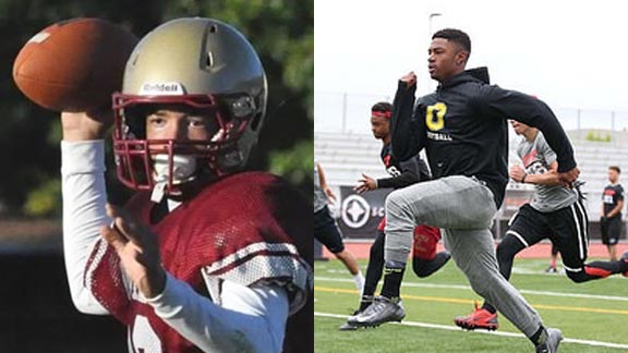 Jordon Brookshire (left) is elusive and hard-throwing quarterback from Cardinal Newman of Santa Rosa. Camilo Eifler (right) is hard-hitting linebacker from Bishop O'Dowd committed to Washington. Photos: Hudl.com & Tom Hauck/StudentSports.com.